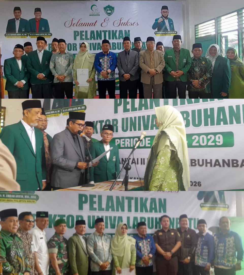 Ketua Umum PB Al Washliyah, Dr. KH. Masyhuril Khamis, SH, MM, melantik Dr. Meyniar Albina, MA sebagai Rektor Universitas Al Washliyah (UNIVA) Labuhanbatu periode 2025–2029 di Rantau Prapat, Kamis (8/1/2026).